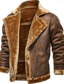 Best OUKU Men's Faux Leather Jacket Fleece Jacket Biker Jacket Vintage Leather Jacket Vacation Daily Windproof Warm Pocket Fall & Winter Plain Fashion Classic Lapel Regular Faux Leather Black Brown Gray Jacket