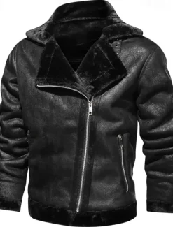 Best OUKU Men's Faux Leather Jacket Fleece Jacket Biker Jacket Vintage Leather Jacket Vacation Daily Windproof Warm Pocket Fall & Winter Plain Fashion Classic Lapel Regular Faux Leather Black Brown Gray Jacket