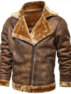 Best OUKU Men's Faux Leather Jacket Fleece Jacket Biker Jacket Vintage Leather Jacket Vacation Daily Windproof Warm Pocket Fall & Winter Plain Fashion Classic Lapel Regular Faux Leather Black Brown Gray Jacket