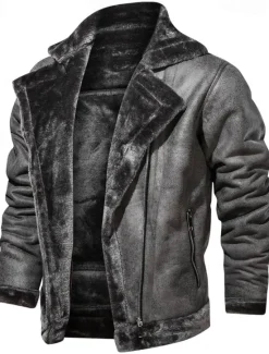 Best OUKU Men's Faux Leather Jacket Fleece Jacket Biker Jacket Vintage Leather Jacket Vacation Daily Windproof Warm Pocket Fall & Winter Plain Fashion Classic Lapel Regular Faux Leather Black Brown Gray Jacket