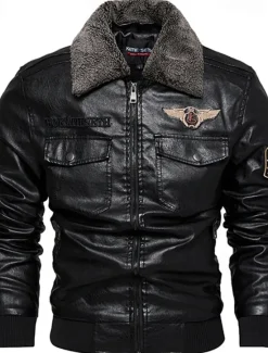 New OUKU Men's Faux Leather Jacket Biker Jacket Motorcycle Jacket Vacation Daily Windproof Warm Fur Trim Pocket Fall & Winter Plain Fashion Classic Lapel Regular Faux Leather Black Coffee Gray Jacket