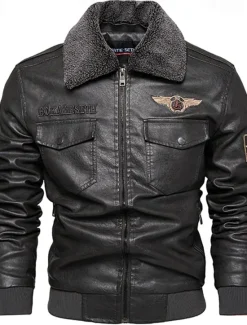 New OUKU Men's Faux Leather Jacket Biker Jacket Motorcycle Jacket Vacation Daily Windproof Warm Fur Trim Pocket Fall & Winter Plain Fashion Classic Lapel Regular Faux Leather Black Coffee Gray Jacket