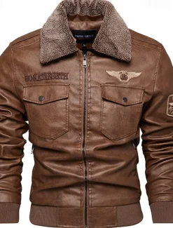 New OUKU Men's Faux Leather Jacket Biker Jacket Motorcycle Jacket Vacation Daily Windproof Warm Fur Trim Pocket Fall & Winter Plain Fashion Classic Lapel Regular Faux Leather Black Coffee Gray Jacket