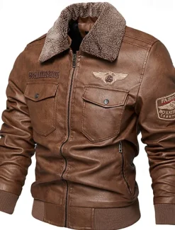 New OUKU Men's Faux Leather Jacket Biker Jacket Motorcycle Jacket Vacation Daily Windproof Warm Fur Trim Pocket Fall & Winter Plain Fashion Classic Lapel Regular Faux Leather Black Coffee Gray Jacket