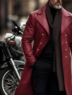 Outlet OUKU Men's Faux Leather Jacket Transition Jacket Biker Jacket Red Leather Jacket Vacation Daily Windproof Warm Pocket Fall & Winter Plain Fashion Classic Lapel Long Faux Leather Black Silver Wine Blue Gold