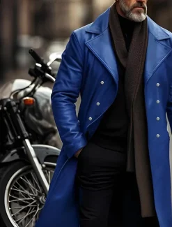 Outlet OUKU Men's Faux Leather Jacket Transition Jacket Biker Jacket Red Leather Jacket Vacation Daily Windproof Warm Pocket Fall & Winter Plain Fashion Classic Lapel Long Faux Leather Black Silver Wine Blue Gold