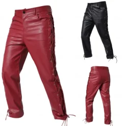 OUKU Men's Faux Leather Pants Casual Pants Straight Leg Solid Colored Sports Full Length Casual Nightclub Clubwear Streetwear Casual Black Wine Inelastic
