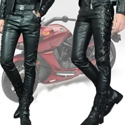 Sale OUKU Men's Faux Leather Pants Drawstring Solid Colored Outdoor Sports Full Length Party Casual Fashion Casual Black Red Inelastic