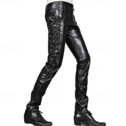 Sale OUKU Men's Faux Leather Pants Drawstring Solid Colored Outdoor Sports Full Length Party Casual Fashion Casual Black Red Inelastic