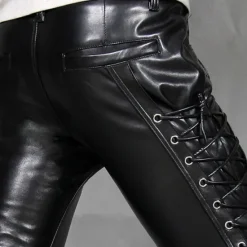 Sale OUKU Men's Faux Leather Pants Drawstring Solid Colored Outdoor Sports Full Length Party Casual Fashion Casual Black Red Inelastic