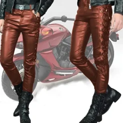 Sale OUKU Men's Faux Leather Pants Drawstring Solid Colored Outdoor Sports Full Length Party Casual Fashion Casual Black Red Inelastic