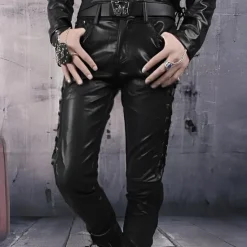 Sale OUKU Men's Faux Leather Pants Drawstring Solid Colored Outdoor Sports Full Length Party Casual Fashion Casual Black Red Inelastic