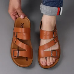 Online OUKU Men's Faux Leather Sandals with Double Buckle Straps – Comfortable Non-Slip Casual Summer Footwear for Outdoors Brown