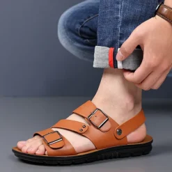 Online OUKU Men's Faux Leather Sandals with Double Buckle Straps – Comfortable Non-Slip Casual Summer Footwear for Outdoors Brown