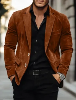 Sale OUKU Men's Faux Suede Blazer Work Street Fashion Casual Fall / Winter Faux Suede Plain Pocket Buttons Comfortable Single Breasted Blazer Brown khaki