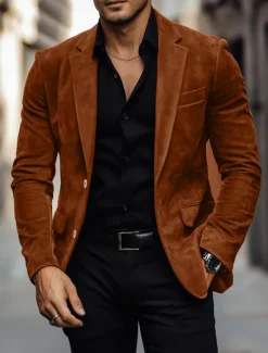 Sale OUKU Men's Faux Suede Blazer Work Street Fashion Casual Fall / Winter Faux Suede Plain Pocket Buttons Comfortable Single Breasted Blazer Brown khaki