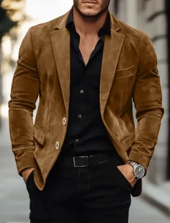 Sale OUKU Men's Faux Suede Blazer Work Street Fashion Casual Fall / Winter Faux Suede Plain Pocket Buttons Comfortable Single Breasted Blazer Brown khaki