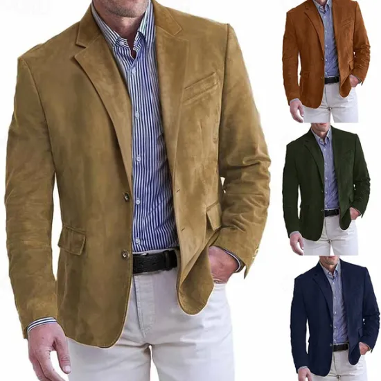 Best OUKU Men's Faux Suede Jacket Faux Suede Blazer Business Attire Company Party Fashion Casual Fall / Winter Faux Suede Plain Pocket Buttons Comfortable Single Breasted Blazer Dark Navy Brown Green khaki