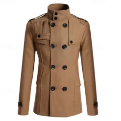 Best OUKU Men's Field Coat Peacoat Trench Coat Daily Vacation Fall & Winter Polyester Thermal Warm Outerwear Clothing Apparel Fashion Classic Plain Pocket Stand Collar Double Breasted