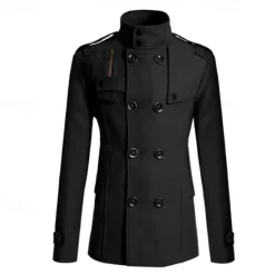 Best OUKU Men's Field Coat Peacoat Trench Coat Daily Vacation Fall & Winter Polyester Thermal Warm Outerwear Clothing Apparel Fashion Classic Plain Pocket Stand Collar Double Breasted