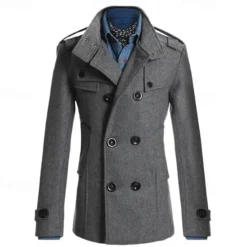 Best OUKU Men's Field Coat Peacoat Trench Coat Daily Vacation Fall & Winter Polyester Thermal Warm Outerwear Clothing Apparel Fashion Classic Plain Pocket Stand Collar Double Breasted