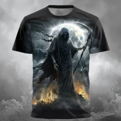 New OUKU Men's Fire Reaper T Shirt Short Sleeve T shirt 3D Print Crew Neck Shirt Designer Gothic Party Street Casual Black 1 Black Summer Spring Clothing Apparel S M L XL XXL XXXL
