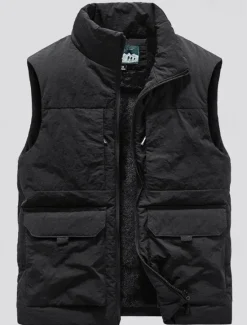 Online OUKU Men's Fishing Vest Daily Casual Spring & Fall Pocket Polyester Comfortable Solid Color Zipper Stand Collar Black Khaki Dark Blue Dark Gray Vest