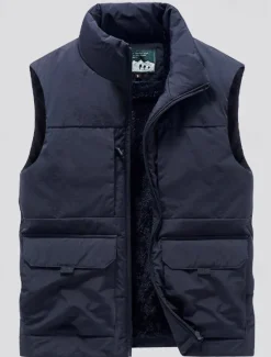 Online OUKU Men's Fishing Vest Daily Casual Spring & Fall Pocket Polyester Comfortable Solid Color Zipper Stand Collar Black Khaki Dark Blue Dark Gray Vest