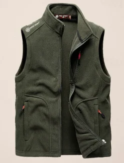 Best OUKU Men's Fishing Vest Daily Casual Fall & Winter Pocket Fleece Polyester Thermal Warm Plain Zipper Stand Collar Regular Fit Black Army Green Dark Blue Dark Gray Vest