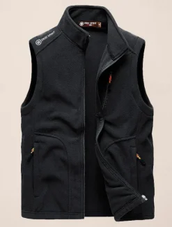 Best OUKU Men's Fishing Vest Daily Casual Fall & Winter Pocket Fleece Polyester Thermal Warm Plain Zipper Stand Collar Regular Fit Black Army Green Dark Blue Dark Gray Vest