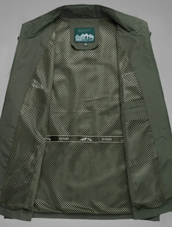 Clearance OUKU Men's Fishing Vest Sleeveless Vest Outdoor Casual Spring Fall Pocket Polyester Quick Dry Plain Zipper Stand Collar Black Army Green Blue Khaki Vest