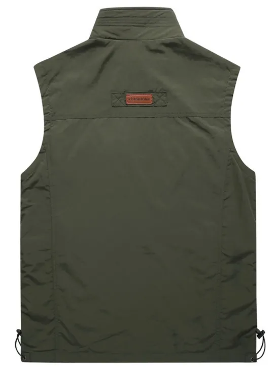 Clearance OUKU Men's Fishing Vest Sleeveless Vest Outdoor Casual Spring Fall Pocket Polyester Quick Dry Plain Zipper Stand Collar Black Army Green Blue Khaki Vest