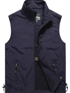 Clearance OUKU Men's Fishing Vest Sleeveless Vest Outdoor Casual Spring Fall Pocket Polyester Quick Dry Plain Zipper Stand Collar Black Army Green Blue Khaki Vest