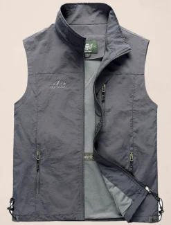 Clearance OUKU Men's Fishing Vest Sleeveless Vest Outdoor Casual Spring Fall Pocket Polyester Quick Dry Plain Zipper Stand Collar Black Army Green Blue Khaki Vest