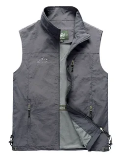 Clearance OUKU Men's Fishing Vest Sleeveless Vest Outdoor Casual Spring Fall Pocket Polyester Quick Dry Plain Zipper Stand Collar Black Army Green Blue Khaki Vest