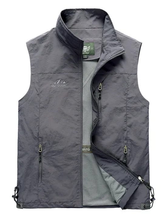 Clearance OUKU Men's Fishing Vest Sleeveless Vest Outdoor Casual Spring Fall Pocket Polyester Quick Dry Plain Zipper Stand Collar Black Army Green Blue Khaki Vest