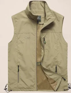 Clearance OUKU Men's Fishing Vest Sleeveless Vest Outdoor Casual Spring Fall Pocket Polyester Quick Dry Plain Zipper Stand Collar Black Army Green Blue Khaki Vest