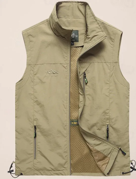 Clearance OUKU Men's Fishing Vest Sleeveless Vest Outdoor Casual Spring Fall Pocket Polyester Quick Dry Plain Zipper Stand Collar Black Army Green Blue Khaki Vest