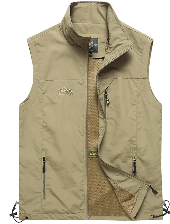 Clearance OUKU Men's Fishing Vest Sleeveless Vest Outdoor Casual Spring Fall Pocket Polyester Quick Dry Plain Zipper Stand Collar Black Army Green Blue Khaki Vest