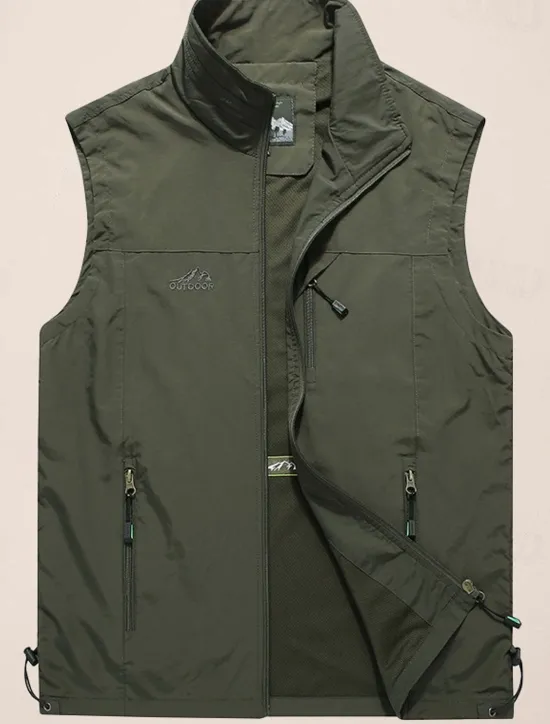 Clearance OUKU Men's Fishing Vest Sleeveless Vest Outdoor Casual Spring Fall Pocket Polyester Quick Dry Plain Zipper Stand Collar Black Army Green Blue Khaki Vest