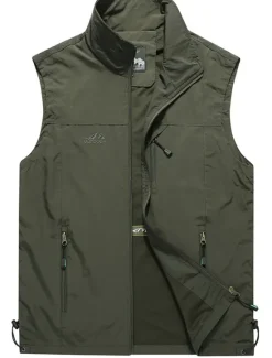 Clearance OUKU Men's Fishing Vest Sleeveless Vest Outdoor Casual Spring Fall Pocket Polyester Quick Dry Plain Zipper Stand Collar Black Army Green Blue Khaki Vest