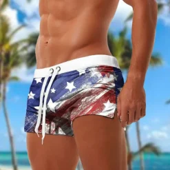 OUKU Men's Flag American Flag National Flag Swim Trunks Swim Shorts Board Shorts Mid Waist Fashion Designer Surfing Holiday Beach Pocket Drawstring Elastic Waist Designer Clothing Apparel