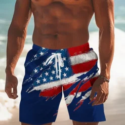 Hot OUKU Men's Flag American Flag National Flag Swim Trunks Swim Shorts Board Shorts Mid Waist Fashion Streetwear Designer Casual Daily Holiday Pocket Drawstring Elastic Waist Designer Clothing Apparel