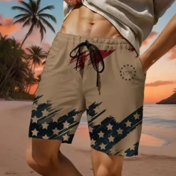 New OUKU Men's Flag American Flag National Flag Swim Shorts Board Shorts Swimming Trunks Mid Waist Fashion Streetwear Designer Casual Daily Holiday Pocket Drawstring Elastic Waist Designer Clothing Apparel