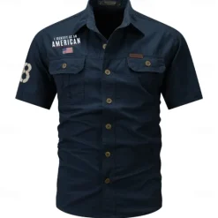 New OUKU Men's Flag American US Flag Letter Printed Work Shirt Western Shirt Cargo Shirt Short Sleeve Casual Tactical Going out Summer Turndown Buttons Print Black Army Green Dark Blue Gray