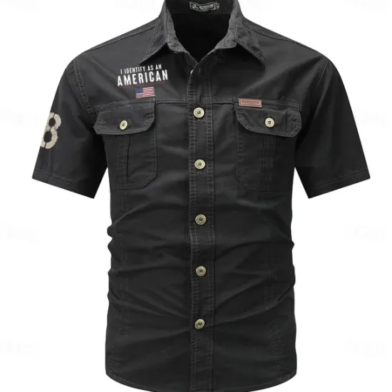 New OUKU Men's Flag American US Flag Letter Printed Work Shirt Western Shirt Cargo Shirt Short Sleeve Casual Tactical Going out Summer Turndown Buttons Print Black Army Green Dark Blue Gray