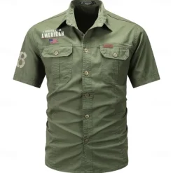 New OUKU Men's Flag American US Flag Letter Printed Work Shirt Western Shirt Cargo Shirt Short Sleeve Casual Tactical Going out Summer Turndown Buttons Print Black Army Green Dark Blue Gray