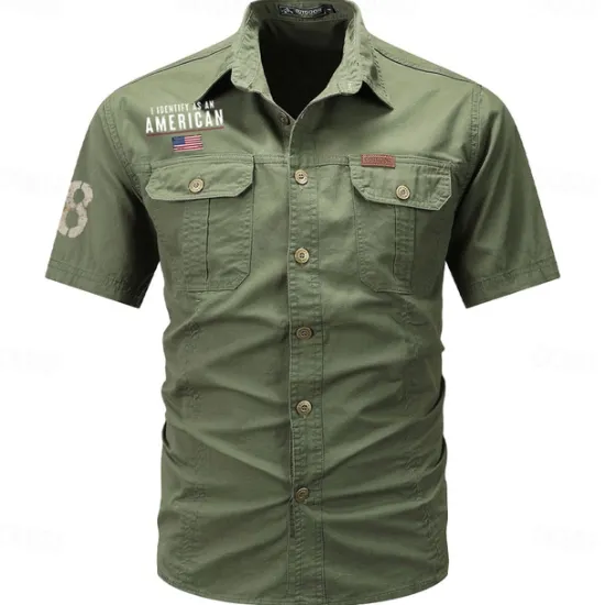 New OUKU Men's Flag American US Flag Letter Printed Work Shirt Western Shirt Cargo Shirt Short Sleeve Casual Tactical Going out Summer Turndown Buttons Print Black Army Green Dark Blue Gray