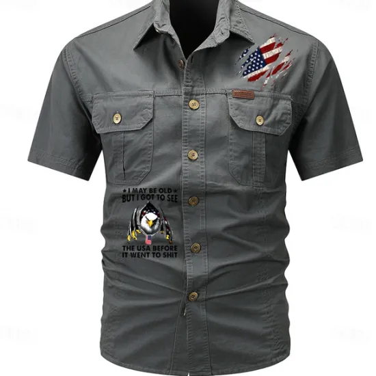 New OUKU Men's Flag American US Flag Letter Printed Work Shirt Western Shirt Cargo Shirt Short Sleeve Western Style Tactical Fashion Casual Going out Summer Turndown Buttons Print Black Army Green Khaki Dark