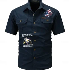 New OUKU Men's Flag American US Flag Letter Printed Work Shirt Western Shirt Cargo Shirt Short Sleeve Western Style Tactical Fashion Casual Going out Summer Turndown Buttons Print Black Army Green Khaki Dark